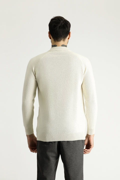 Ekru Yarım Balıkçı Yaka Slim Fit Dar Kesim Desenli Yünlü Triko Kazak