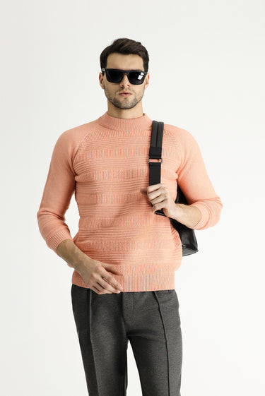 Orta Pembe Yarım Balıkçı Yaka Slim Fit Dar Kesim Desenli Yünlü Triko Kazak