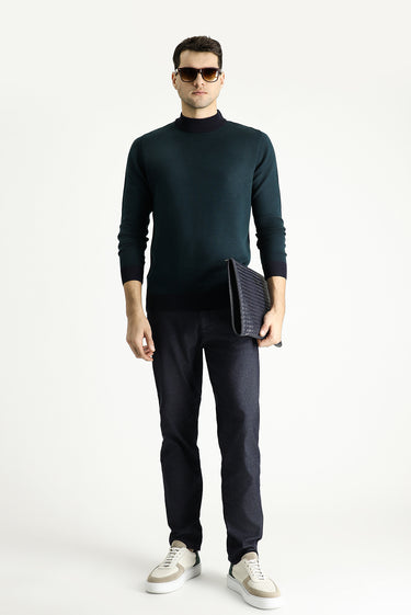  Koyu Lacivert Yarım Balıkçı Yaka Slim Fit Dar Kesim Desenli Triko Kazak