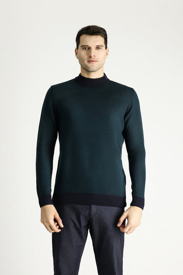  Koyu Lacivert Yarım Balıkçı Yaka Slim Fit Dar Kesim Desenli Triko Kazak
