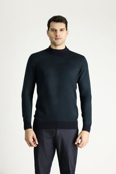  Koyu Lacivert Yarım Balıkçı Yaka Slim Fit Dar Kesim Desenli Triko Kazak