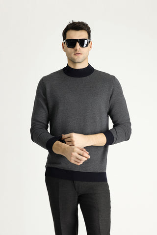  Koyu Lacivert Yarım Balıkçı Yaka Slim Fit Dar Kesim Desenli Triko Kazak
