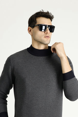  Koyu Lacivert Yarım Balıkçı Yaka Slim Fit Dar Kesim Desenli Triko Kazak