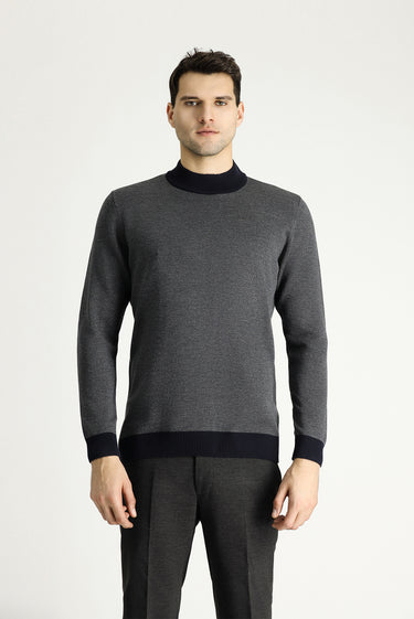 Koyu Lacivert Yarım Balıkçı Yaka Slim Fit Dar Kesim Desenli Triko Kazak