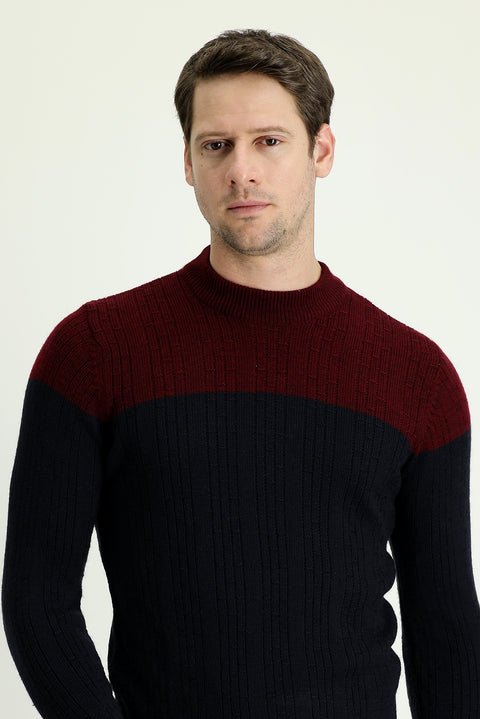 Koyu Lacivert Yarım Balıkçı Yaka Slim Fit Dar Kesim Desenli Triko Kazak