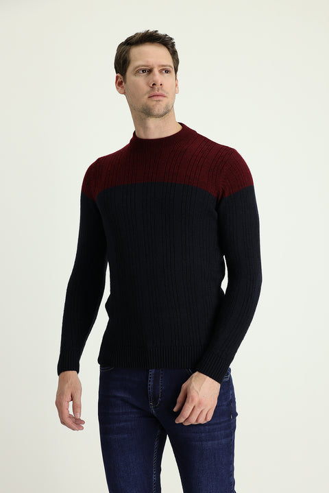 Koyu Lacivert Yarım Balıkçı Yaka Slim Fit Dar Kesim Desenli Triko Kazak