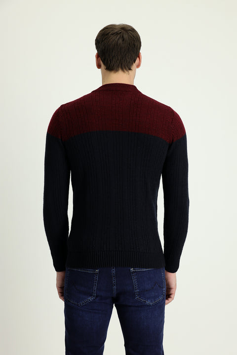 Koyu Lacivert Yarım Balıkçı Yaka Slim Fit Dar Kesim Desenli Triko Kazak