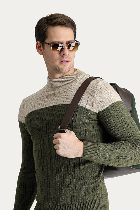 Orta Haki Yarım Balıkçı Yaka Slim Fit Dar Kesim Desenli Triko Kazak