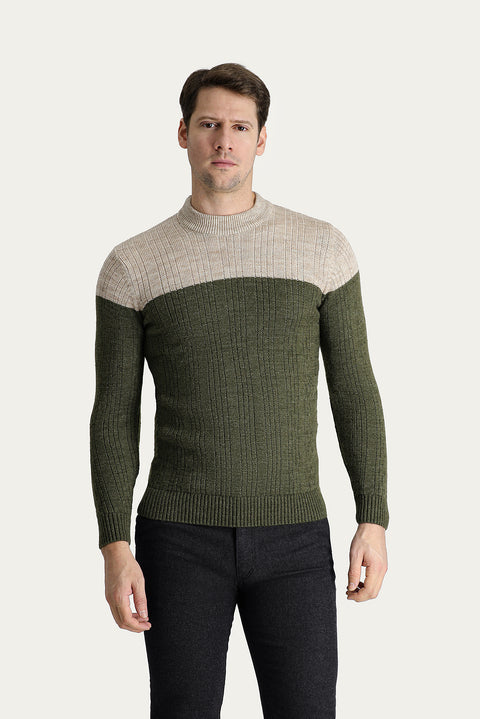 Orta Haki Yarım Balıkçı Yaka Slim Fit Dar Kesim Desenli Triko Kazak