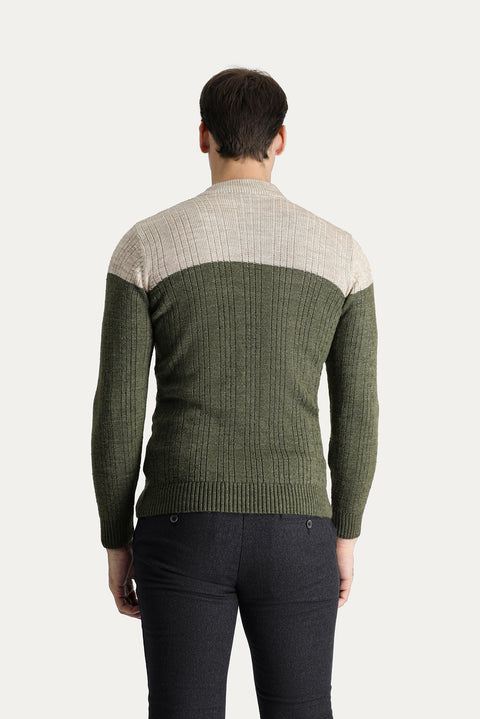 Orta Haki Yarım Balıkçı Yaka Slim Fit Dar Kesim Desenli Triko Kazak