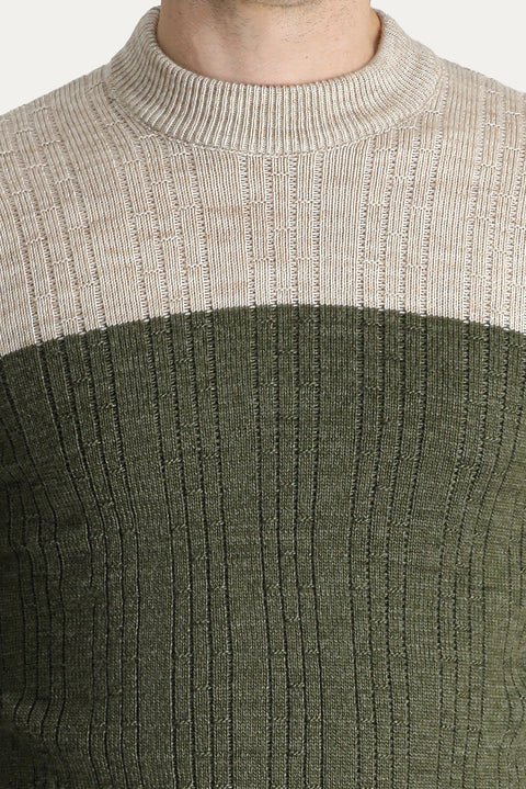 Orta Haki Yarım Balıkçı Yaka Slim Fit Dar Kesim Desenli Triko Kazak