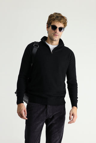  Siyah Yarım Balıkçı Yaka Slim Fit Dar Kesim Fermuarlı Dikişsiz Triko Kazak