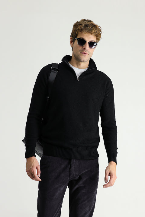 Siyah Yarım Balıkçı Yaka Slim Fit Dar Kesim Fermuarlı Dikişsiz Triko Kazak