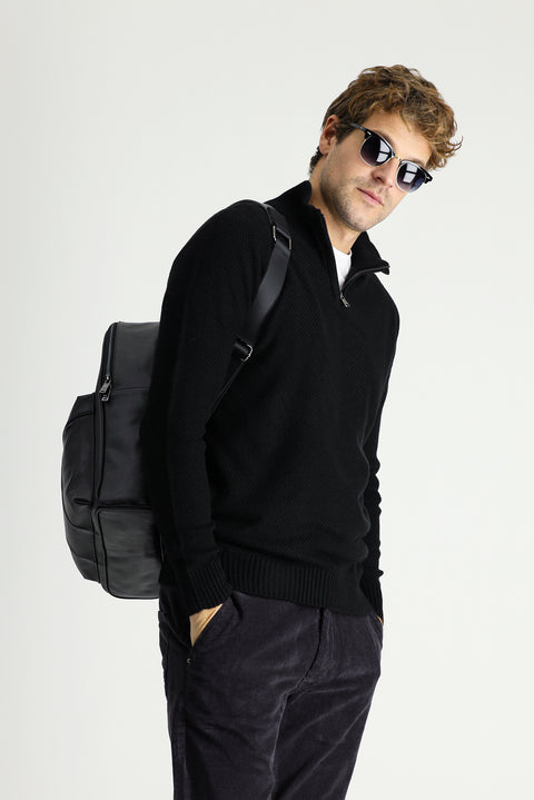 Siyah Yarım Balıkçı Yaka Slim Fit Dar Kesim Fermuarlı Dikişsiz Triko Kazak