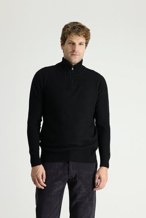 Siyah Yarım Balıkçı Yaka Slim Fit Dar Kesim Fermuarlı Dikişsiz Triko Kazak