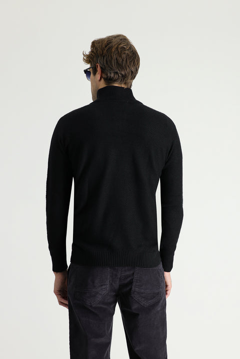 Siyah Yarım Balıkçı Yaka Slim Fit Dar Kesim Fermuarlı Dikişsiz Triko Kazak