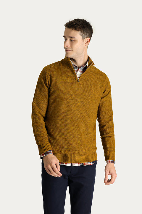 Hardal Yarım Balıkçı Yaka Slim Fit Dar Kesim Fermuarlı Dikişsiz Triko Kazak