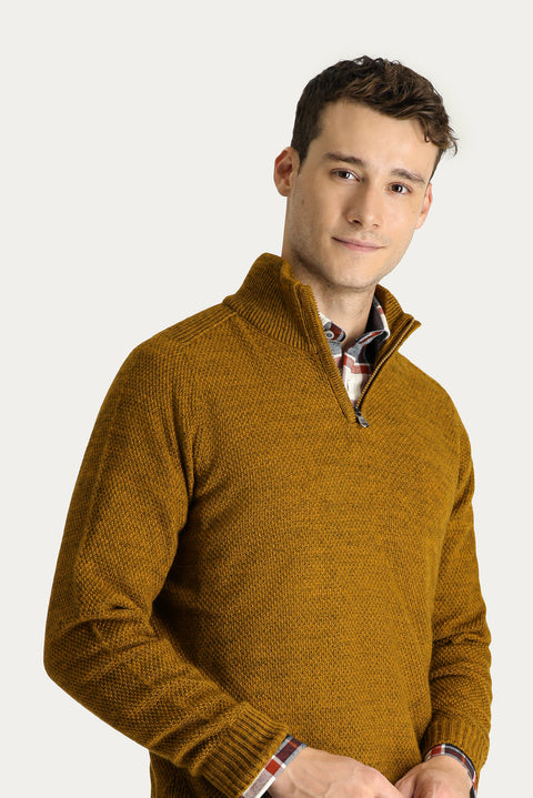 Hardal Yarım Balıkçı Yaka Slim Fit Dar Kesim Fermuarlı Dikişsiz Triko Kazak