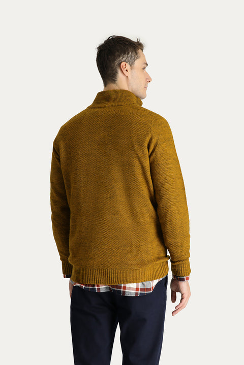 Hardal Yarım Balıkçı Yaka Slim Fit Dar Kesim Fermuarlı Dikişsiz Triko Kazak
