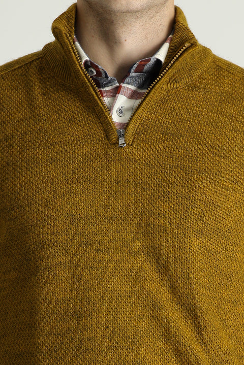 Hardal Yarım Balıkçı Yaka Slim Fit Dar Kesim Fermuarlı Dikişsiz Triko Kazak