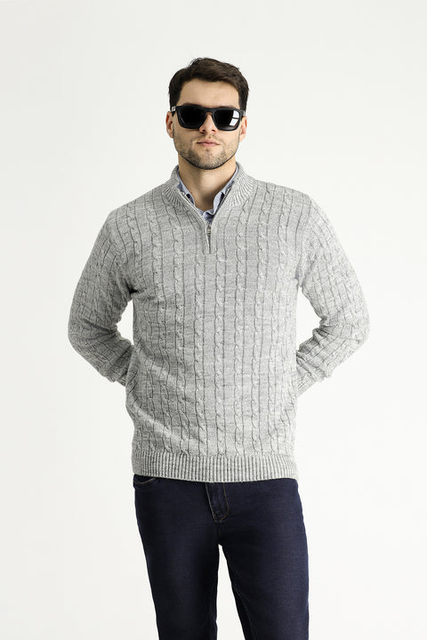 Açık Gri Melanj Yarım Balıkçı Yaka Regular Fit Desenli Fermuarlı Triko Kazak
