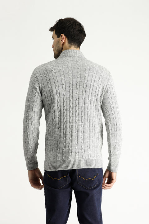 Açık Gri Melanj Yarım Balıkçı Yaka Regular Fit Desenli Fermuarlı Triko Kazak