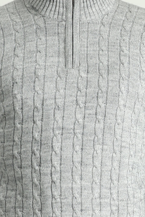 Açık Gri Melanj Yarım Balıkçı Yaka Regular Fit Desenli Fermuarlı Triko Kazak