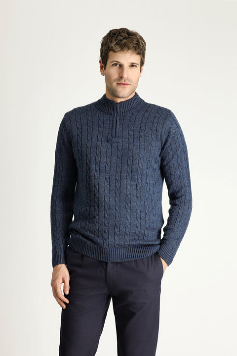 İndigo Yarım Balıkçı Yaka Regular Fit Desenli Fermuarlı Triko Kazak