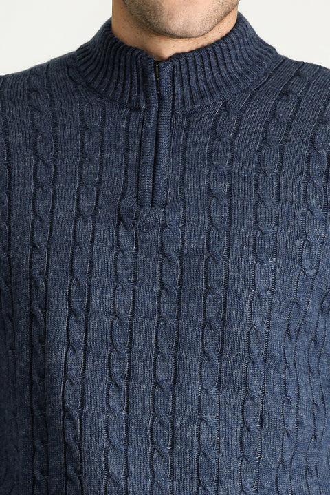 İndigo Yarım Balıkçı Yaka Regular Fit Desenli Fermuarlı Triko Kazak