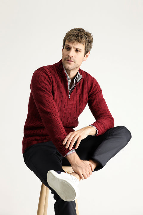 Koyu Bordo Yarım Balıkçı Yaka Regular Fit Desenli Fermuarlı Triko Kazak