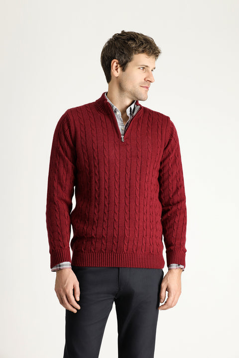 Koyu Bordo Yarım Balıkçı Yaka Regular Fit Desenli Fermuarlı Triko Kazak