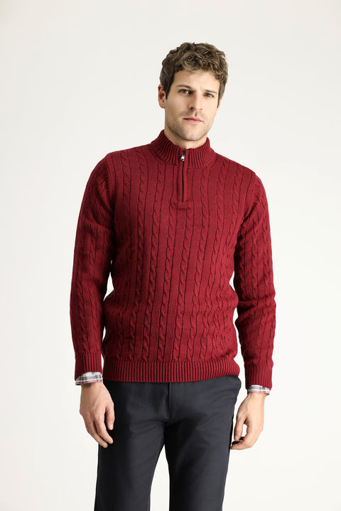 Koyu Bordo Yarım Balıkçı Yaka Regular Fit Desenli Fermuarlı Triko Kazak