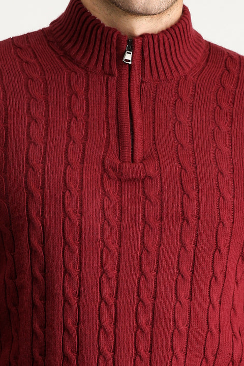 Koyu Bordo Yarım Balıkçı Yaka Regular Fit Desenli Fermuarlı Triko Kazak