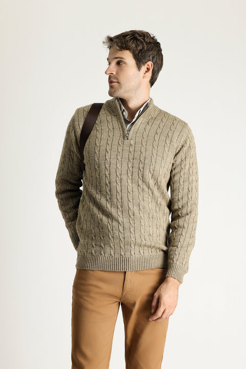 Orta Vizon Yarım Balıkçı Yaka Regular Fit Desenli Fermuarlı Triko Kazak