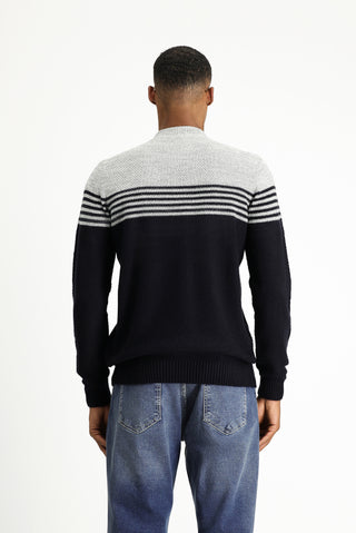  Koyu Lacivert Yarım Balıkçı Yaka Regular Fit Dikişsiz Desenli Triko Kazak