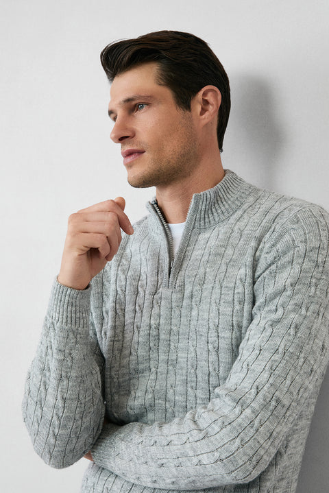 Açık Gri Melanj Yarım Balıkçı Yaka Fermuarlı Regular Fit Desenli Triko Kazak