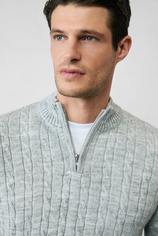 Açık Gri Melanj Yarım Balıkçı Yaka Regular Fit Fermuarlı Desenli Triko Kazak