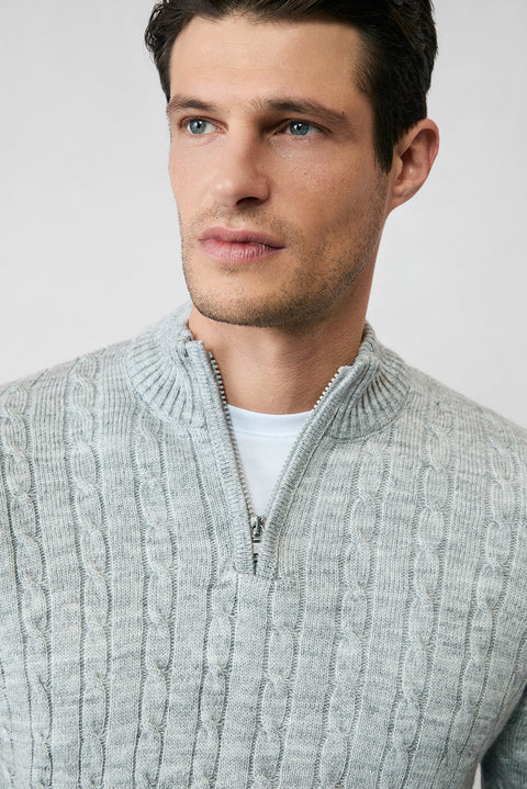 Açık Gri Melanj Yarım Balıkçı Yaka Fermuarlı Regular Fit Desenli Triko Kazak