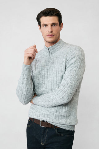  Açık Gri Melanj Yarım Balıkçı Yaka Regular Fit Fermuarlı Desenli Triko Kazak