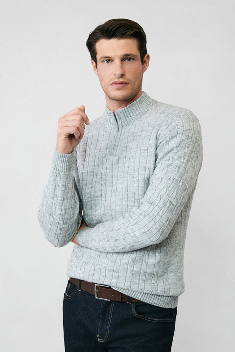 Açık Gri Melanj Yarım Balıkçı Yaka Fermuarlı Regular Fit Desenli Triko Kazak