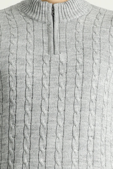 Açık Gri Melanj Yarım Balıkçı Yaka Regular Fit Fermuarlı Desenli Triko Kazak