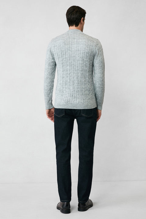 Açık Gri Melanj Yarım Balıkçı Yaka Fermuarlı Regular Fit Desenli Triko Kazak