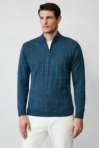  İndigo Yarım Balıkçı Yaka Regular Fit Fermuarlı Desenli Triko Kazak