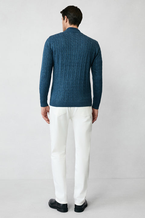 İndigo Yarım Balıkçı Yaka Fermuarlı Regular Fit Desenli Triko Kazak