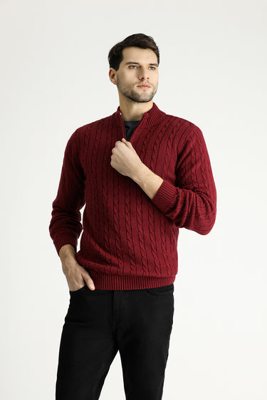  Koyu Bordo Yarım Balıkçı Yaka Regular Fit Fermuarlı Desenli Triko Kazak