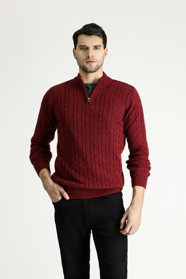  Koyu Bordo Yarım Balıkçı Yaka Regular Fit Fermuarlı Desenli Triko Kazak
