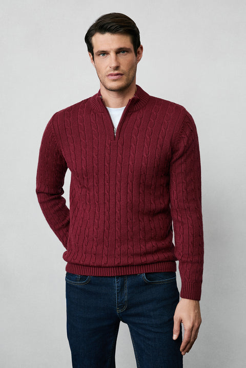 Koyu Bordo Yarım Balıkçı Yaka Fermuarlı Regular Fit Desenli Triko Kazak