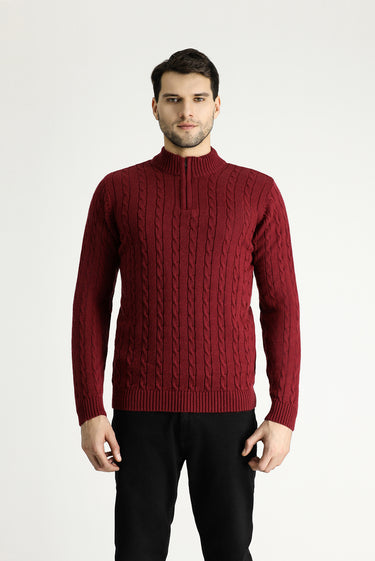  Koyu Bordo Yarım Balıkçı Yaka Regular Fit Fermuarlı Desenli Triko Kazak