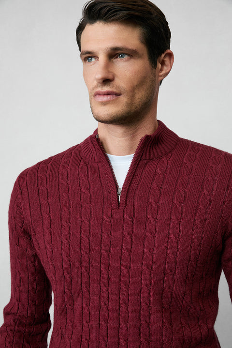 Koyu Bordo Yarım Balıkçı Yaka Fermuarlı Regular Fit Desenli Triko Kazak