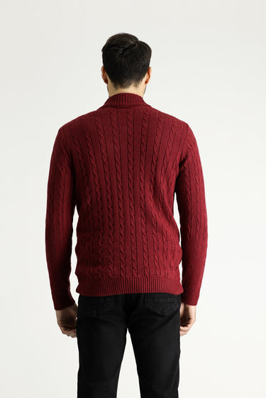  Koyu Bordo Yarım Balıkçı Yaka Regular Fit Fermuarlı Desenli Triko Kazak